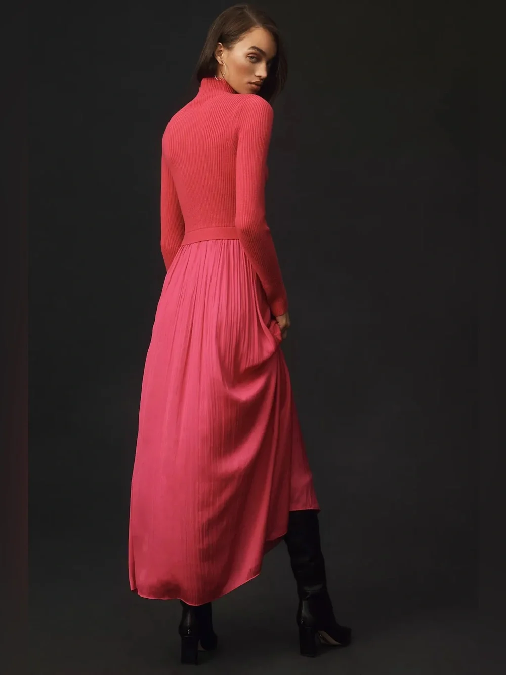 Anthropologie High-Neck Mockable Maxi Dress  Fuchsia  Knit dress & Pleated Skirt - Picture 3 of 9